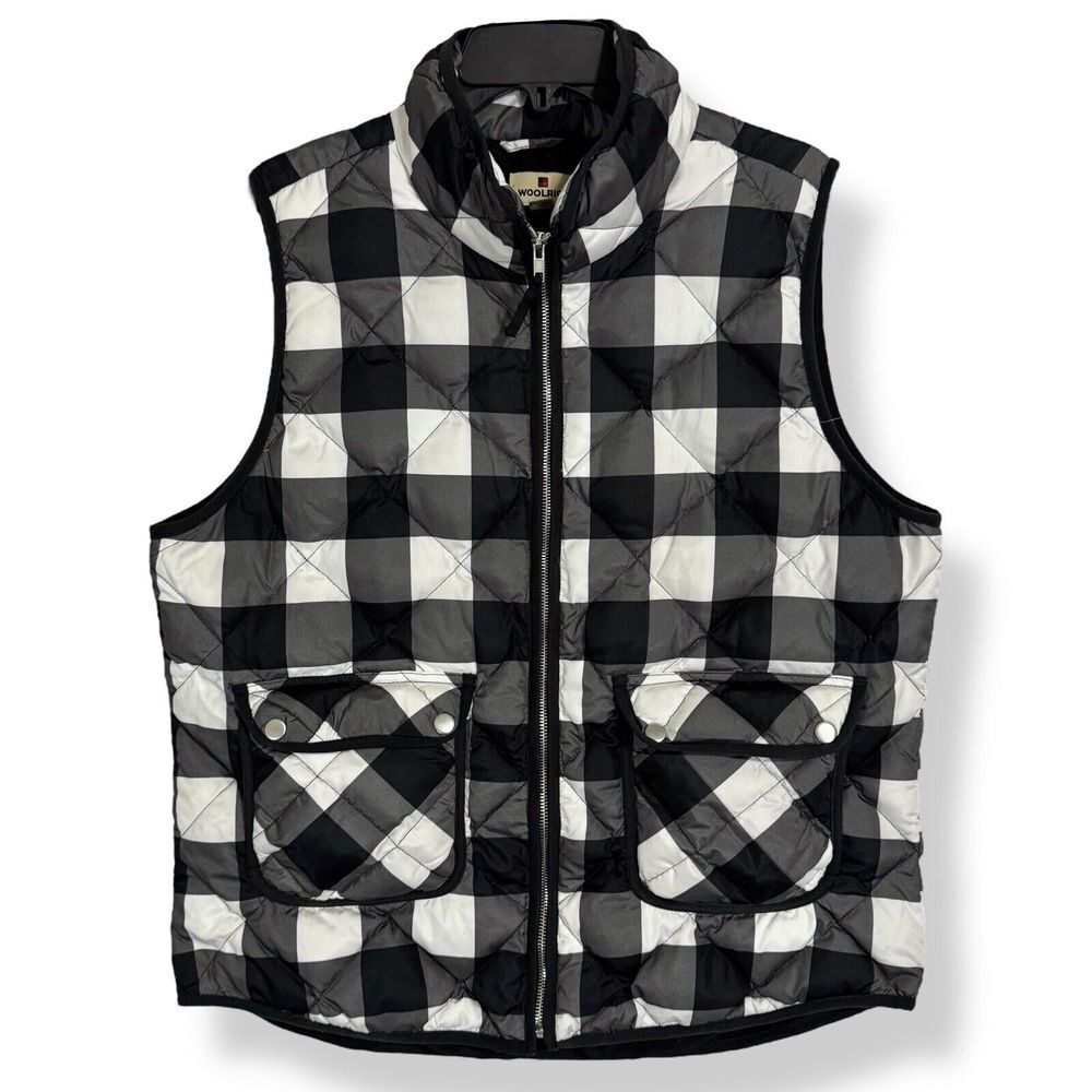 Woolrich Buffalo Plaid Duck Down Vest XL Fit Sz Large Quilted Puffer Black White